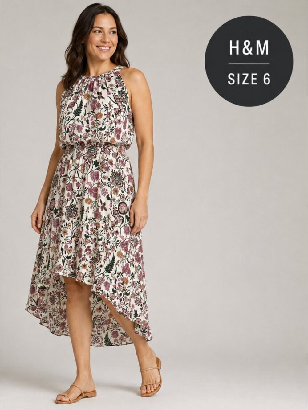 H&M | Sz 6 | White Floral Botanical Print High-Low Midi Dress
